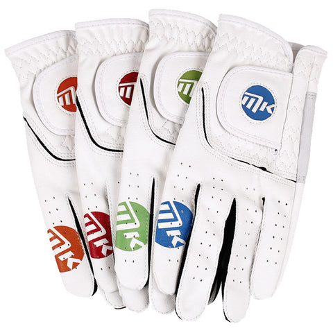 Four matching white golf gloves are displayed side by side with colored logos at the wrist area and perforations on the fingers for breathability, likely set against a plain background.