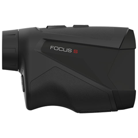 A handheld device labeled FOCUS S is designed for viewing or measuring distances. It features a textured grip and a cylindrical eyepiece, suitable for outdoor activities like golfing or hunting.