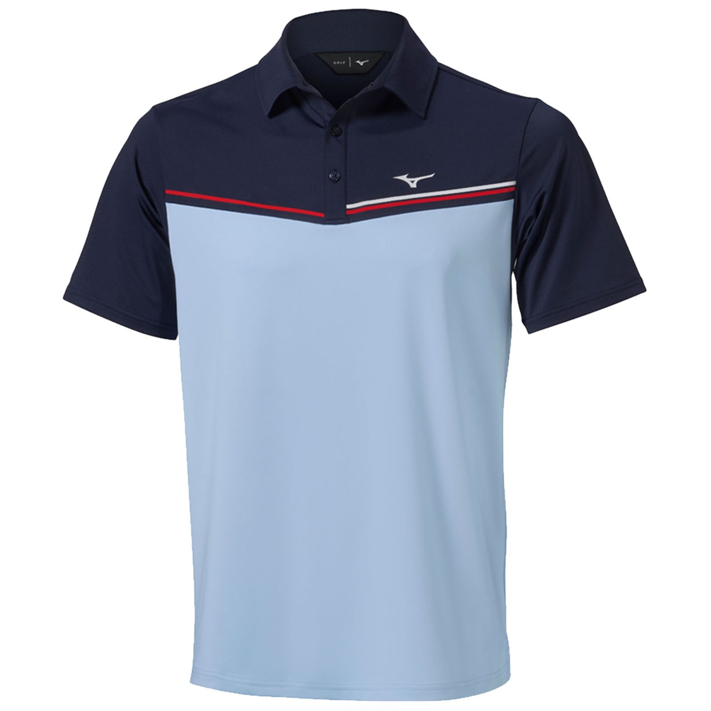 A golf polo shirt is displayed featuring a light blue body dark blue sleeves and a horizontal red stripe across the chest with a logo on the upper left side.