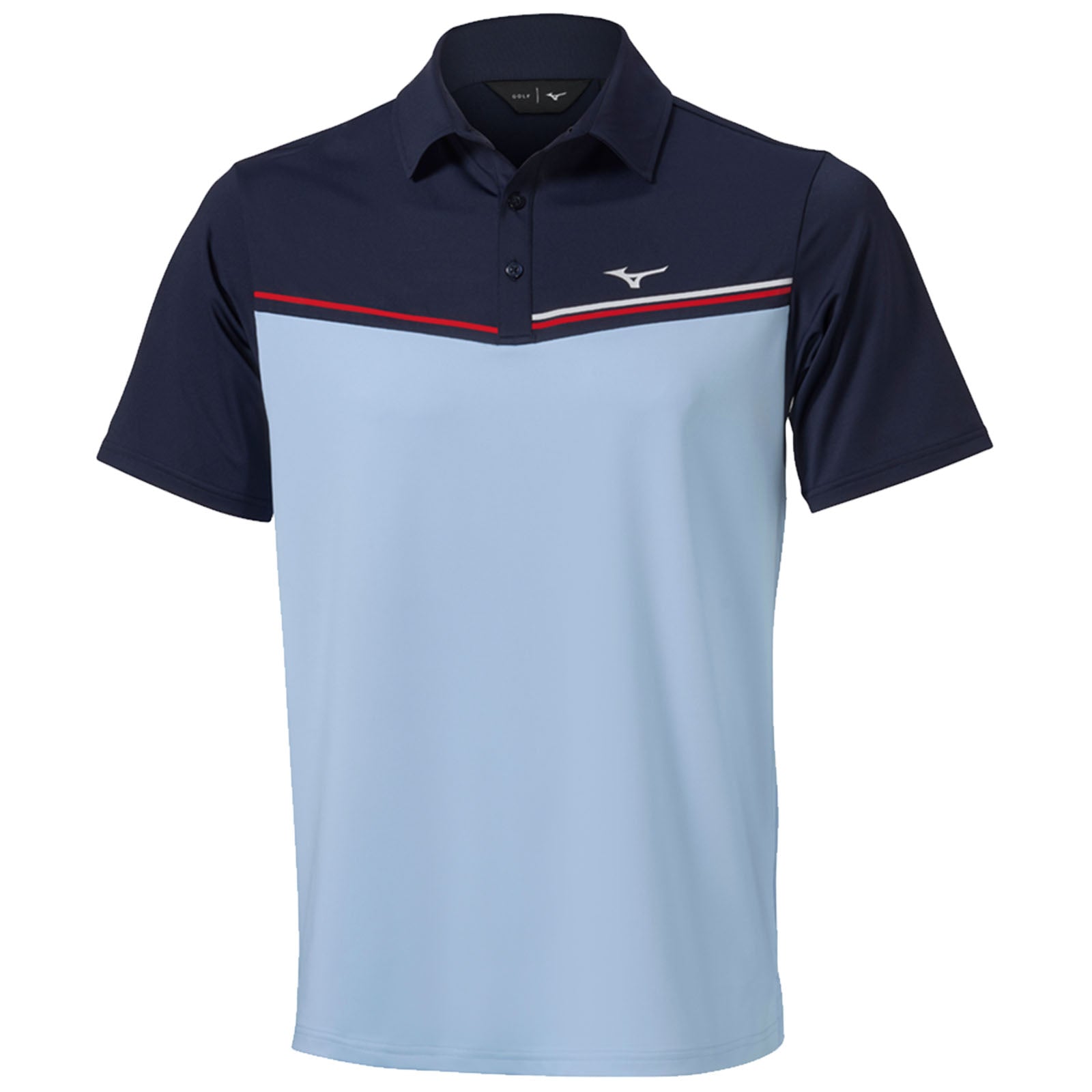 A golf polo shirt is displayed featuring a light blue body dark blue sleeves and a horizontal red stripe across the chest with a logo on the upper left side.