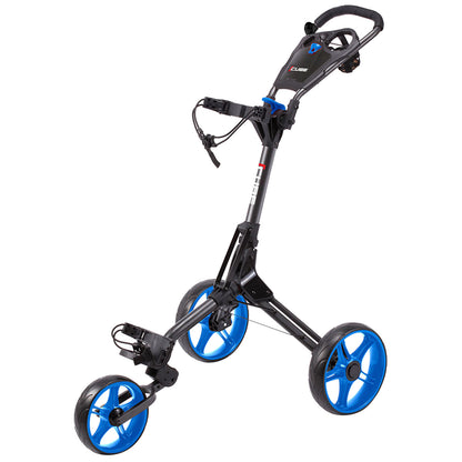 A golf push cart with a black frame and blue wheels stands upright with a handle for steering and a holder for golf bags designed for use on golf courses.