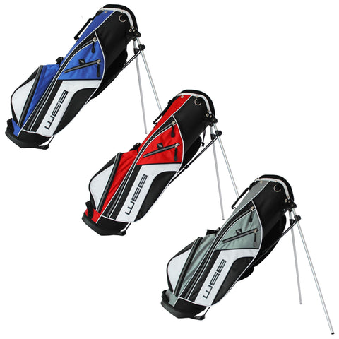 GO Golf Junior Web Stand Bag Three golf bags in blue, red, and gray are standing upright with their legs extended. Each bag features multiple zippered pockets and a prominent logo on the side.