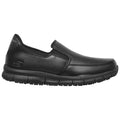 Black slip-on shoe designed for comfort and support features a smooth surface and elastic side panels for easy wear situated against a plain white background.