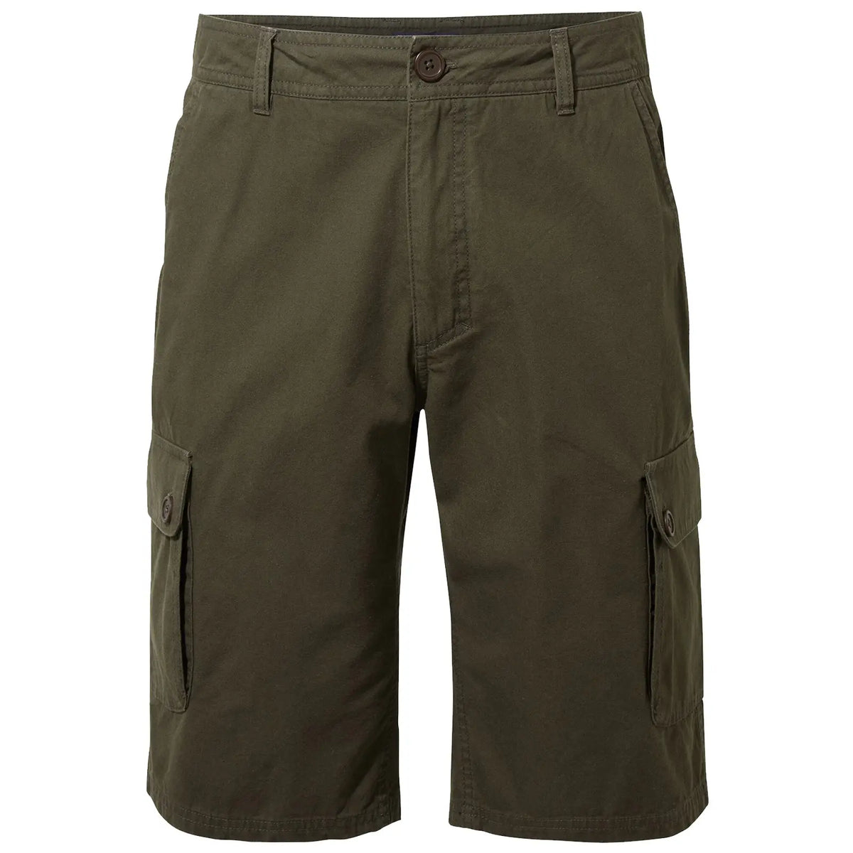 Cargo shorts are displayed featuring a khaki green color with multiple side pockets and a button closure at the waist suitable for casual and outdoor wear.