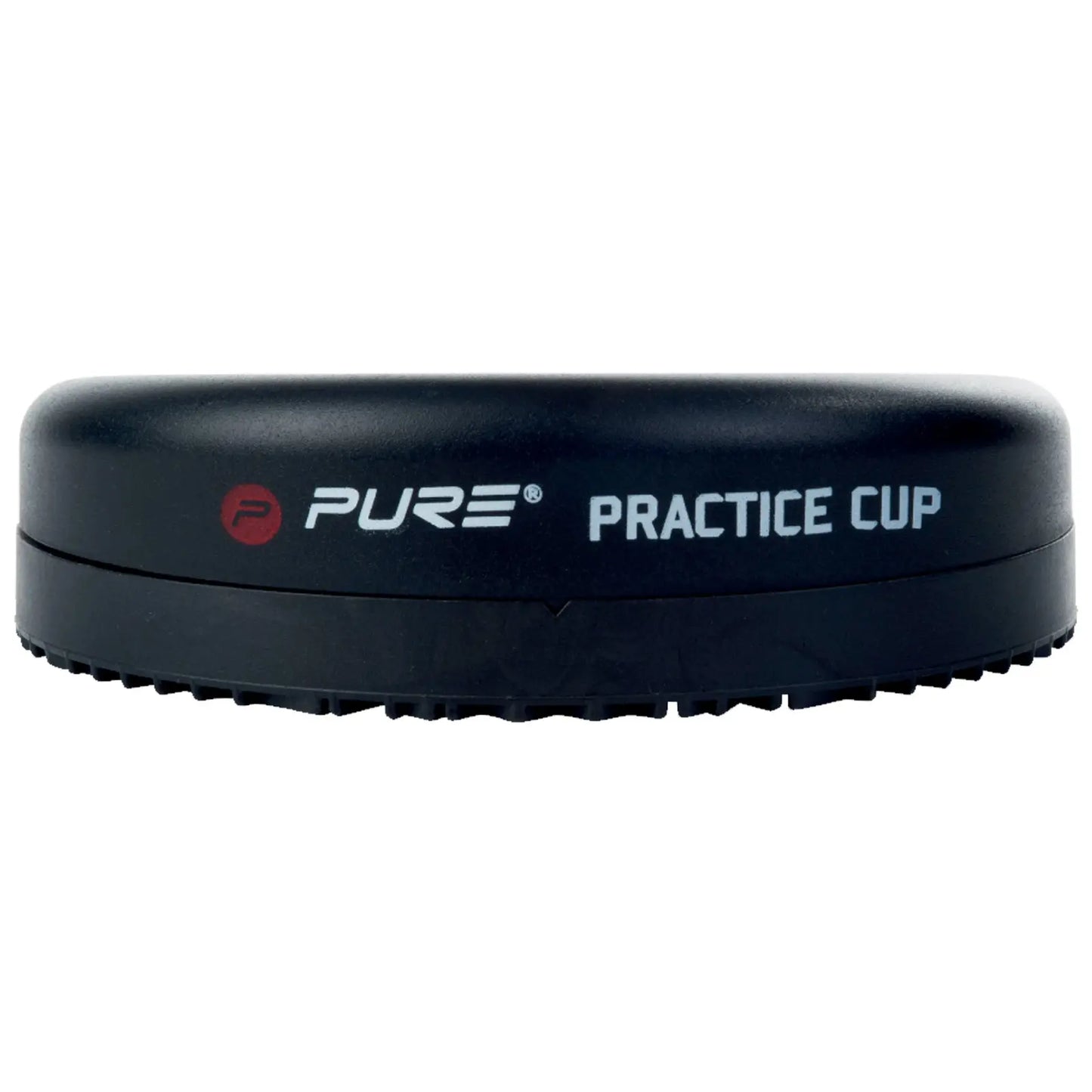 A black practice cup is resting on a flat surface with the word PURE and the phrase PRACTICE CUP displayed clearly on its side. The cup has a textured edge for grip.