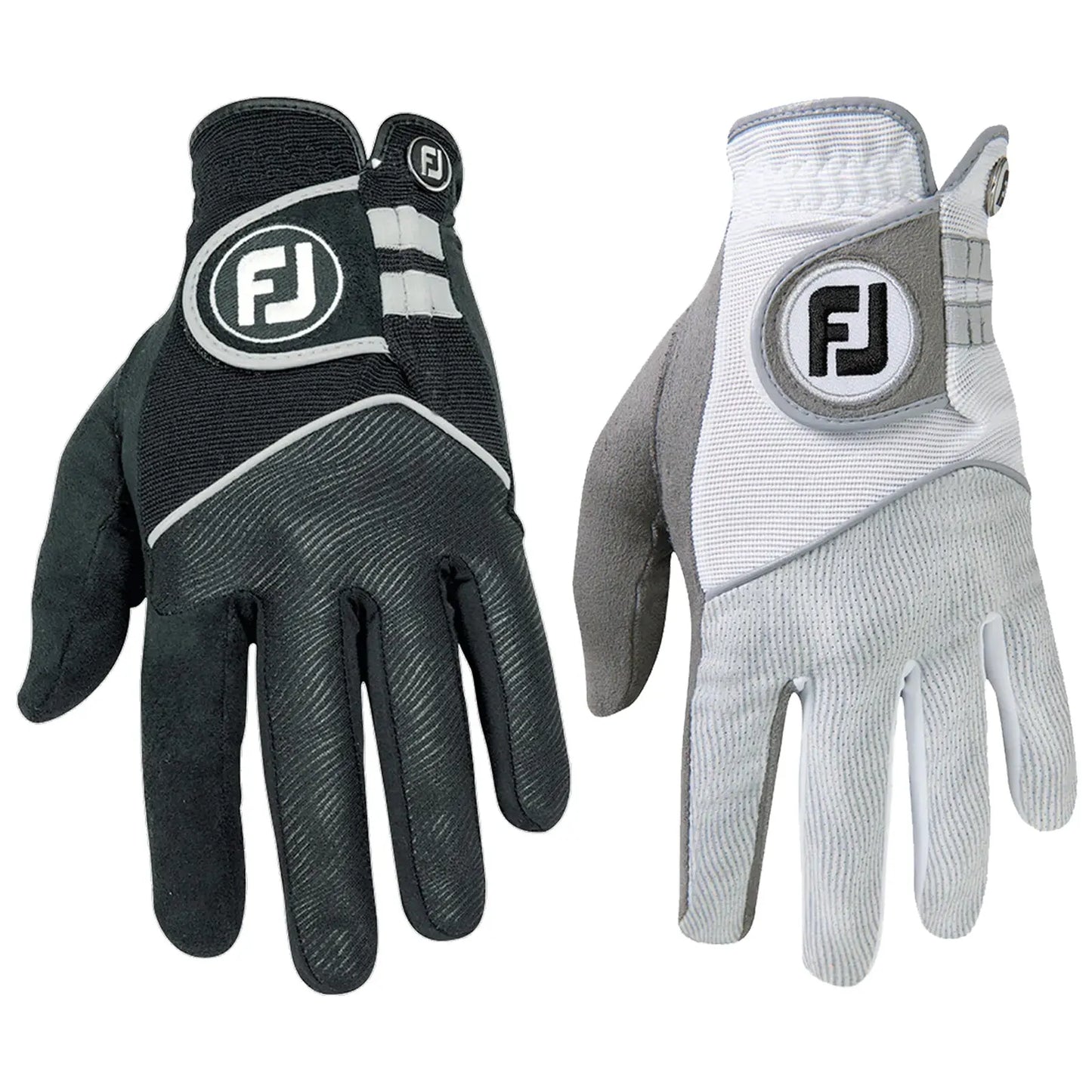 Two golf gloves are displayed side by side one is black and gray with textured fabric and a circular logo the other is white and gray with smooth fabric and a circular logo