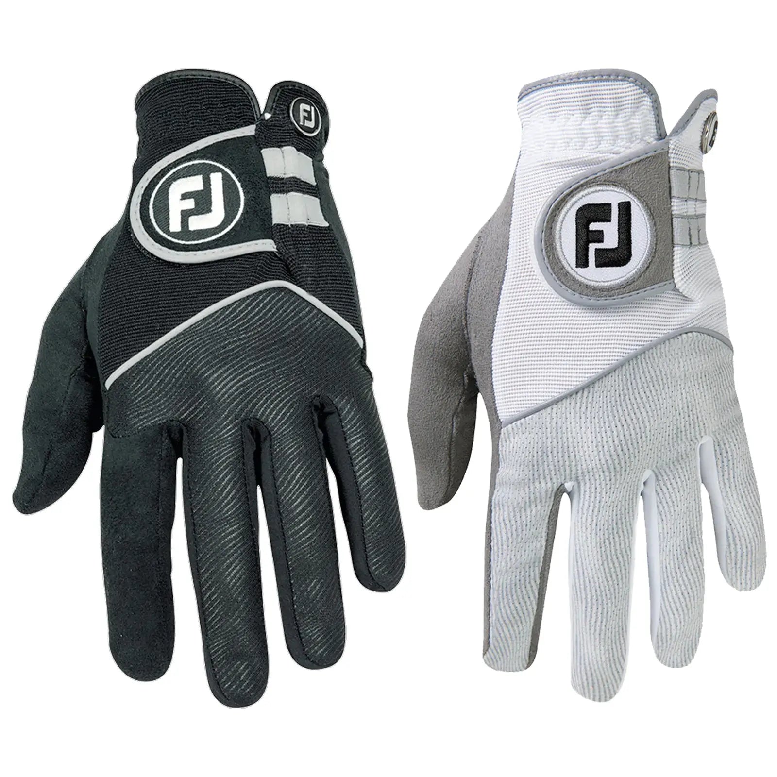 Two golf gloves are displayed side by side one is black and gray with textured fabric and a circular logo the other is white and gray with smooth fabric and a circular logo