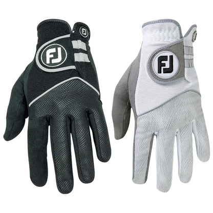 Two golf gloves are displayed side by side one is black and gray with textured fabric and a circular logo the other is white and gray with smooth fabric and a circular logo