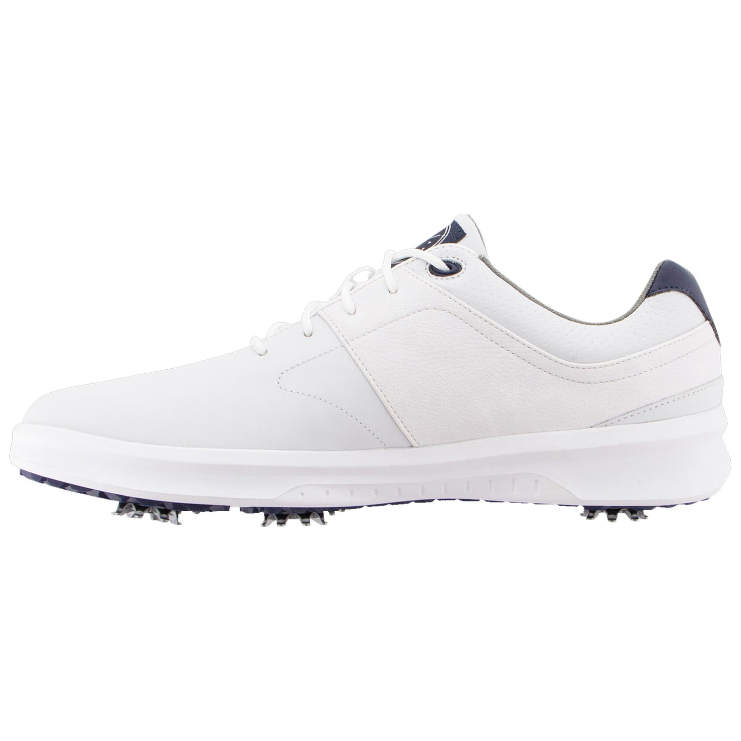 A white golf shoe with a sleek design features a smooth upper and a contrasting dark heel. The shoe is positioned sideways, showcasing its cleated bottom for grip on the course.