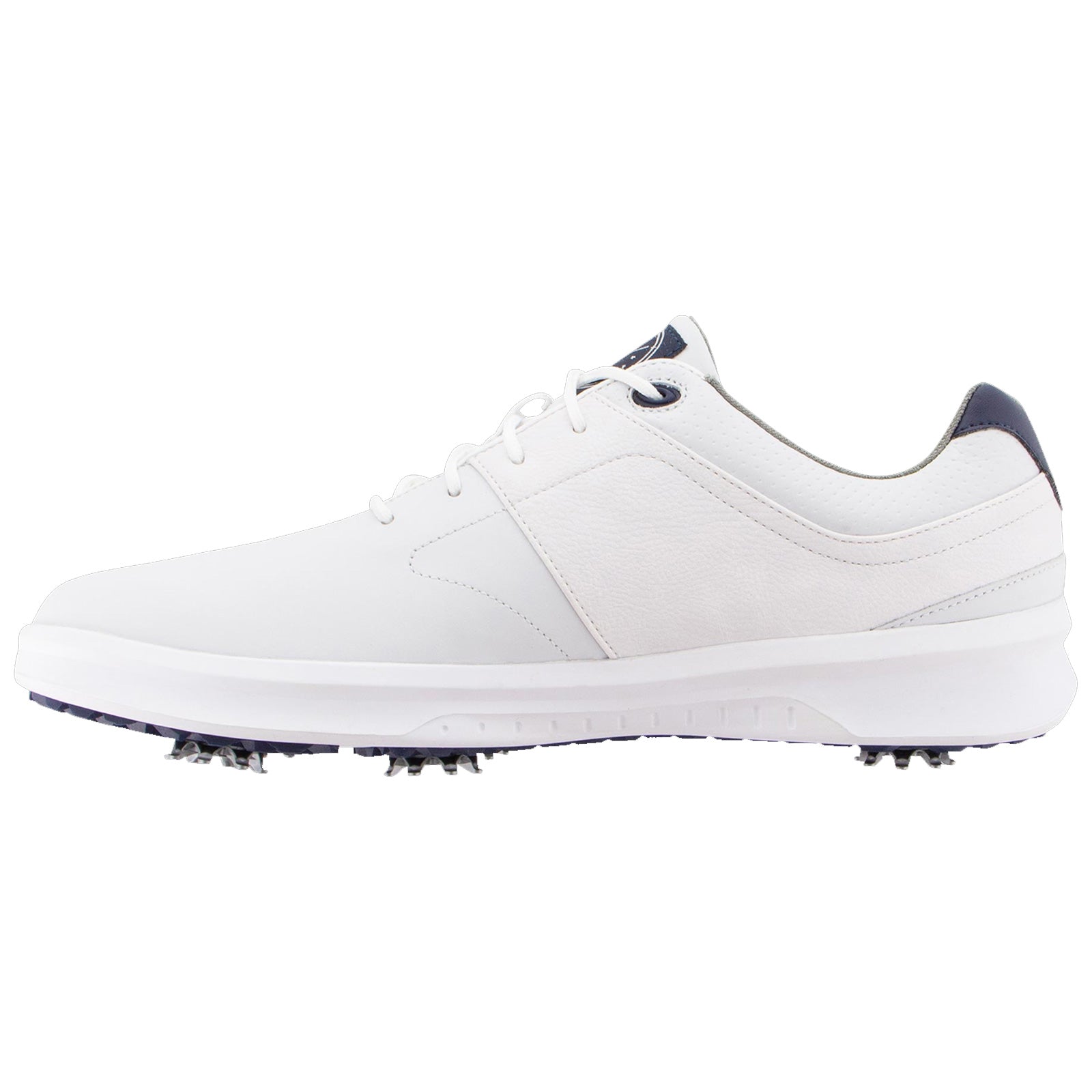 A white golf shoe with a sleek design features a smooth upper and a contrasting dark heel. The shoe is positioned sideways, showcasing its cleated bottom for grip on the course.
