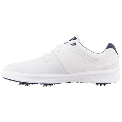 A white golf shoe with a sleek design features a smooth upper and a contrasting dark heel. The shoe is positioned sideways, showcasing its cleated bottom for grip on the course.