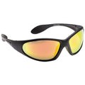 Black sunglasses with mirrored yellow lenses are positioned at an angle showcasing their sleek design suitable for outdoor activities providing eye protection against sunlight and glare.
