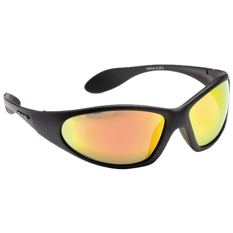 Black sunglasses with mirrored yellow lenses are positioned at an angle showcasing their sleek design suitable for outdoor activities providing eye protection against sunlight and glare.