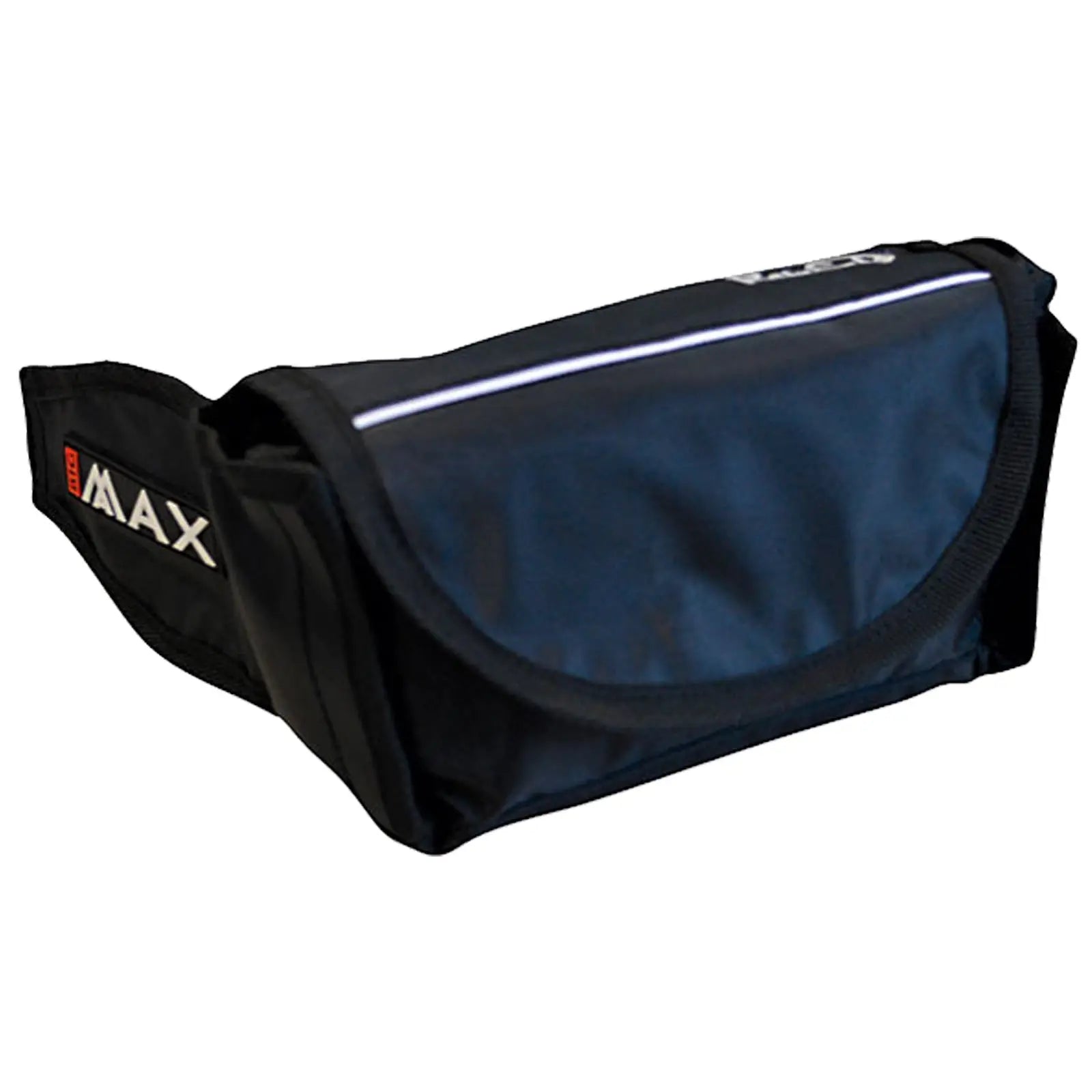 A black waist bag sits flat with a flap closure featuring a reflective strip and the word MAX on the side, suitable for carrying essentials while on the go.