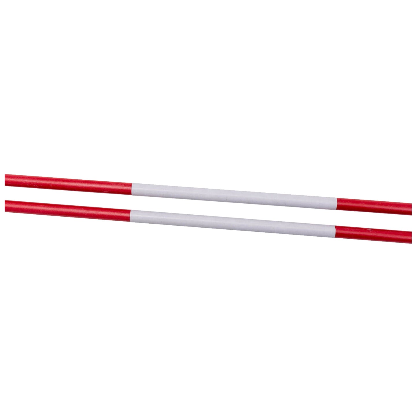 Two parallel sticks are positioned horizontally featuring alternating red and white sections highlighting their structure against a plain white background, suggesting a simplistic and functional design.