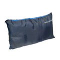 A dark blue camping pillow is displayed with a smoother side facing forward and a textured side slightly visible fabric is lightweight and designed for outdoor use