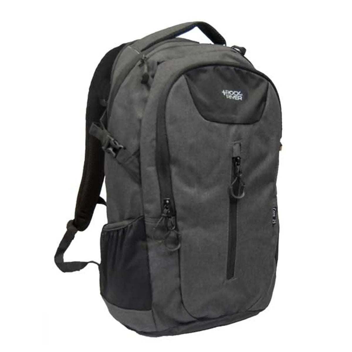 A gray backpack stands upright featuring multiple zippered compartments and side pockets designed for storage and organization ideal for travel or daily use in various environments.