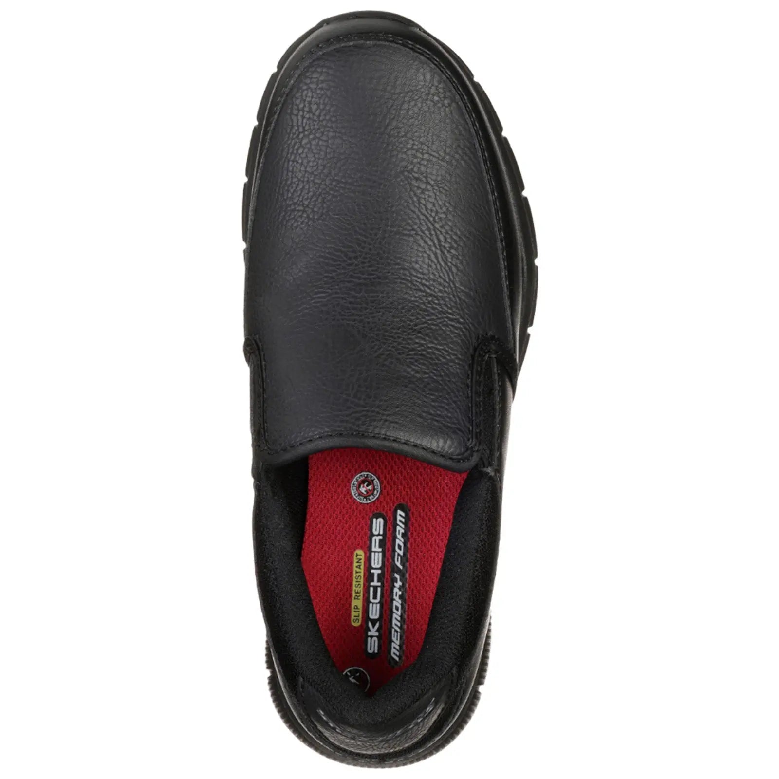 A black slip-on shoe with a textured leather surface features a red cushioned insole labeled Skechers Memory Foam positioned against a neutral background, highlighting its design and functionality.