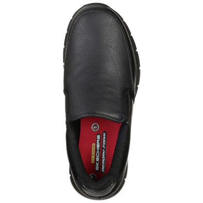 A black slip-on shoe with a textured leather surface features a red cushioned insole labeled Skechers Memory Foam positioned against a neutral background, highlighting its design and functionality.