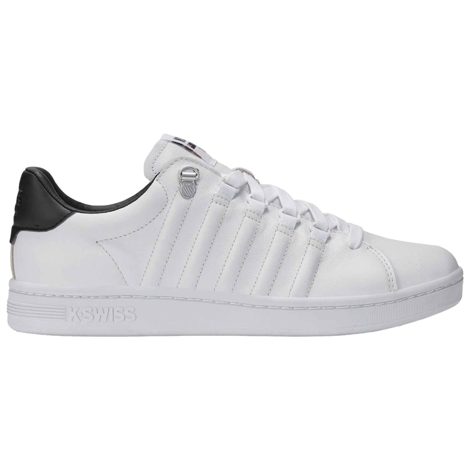 A white sneaker with a black heel features a sleek design and multiple horizontal stripes across the sides standing on a plain background showcasing a modern and sporty aesthetic.