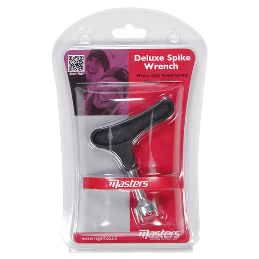 Black plastic deluxe spike wrench is displayed inside a clear packaging with red accents showcasing the product name and usage instructions visible on the back for easy identification and purchase.