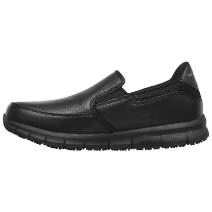 A black slip-on shoe features a smooth leather surface and elastic side panels designed for easy wear situated against a plain white background.