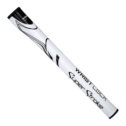 A golf putter grip designed for stability features a white surface with black accents and text including "WRIST LOCK" and "Super Stroke" in a creative design