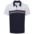 A short-sleeved polo shirt features a white upper with a collar and a navy lower section. Horizontal stripes in various colors cross the chest, indicating a casual style.
