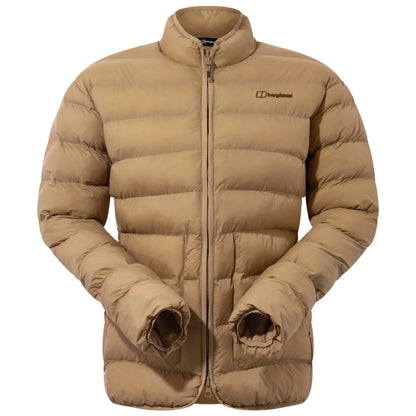 A tan puffer jacket is displayed with a front zipper and a stand collar its arms appear relaxed at the sides showcasing a casual and warm design intended for outdoor wear.