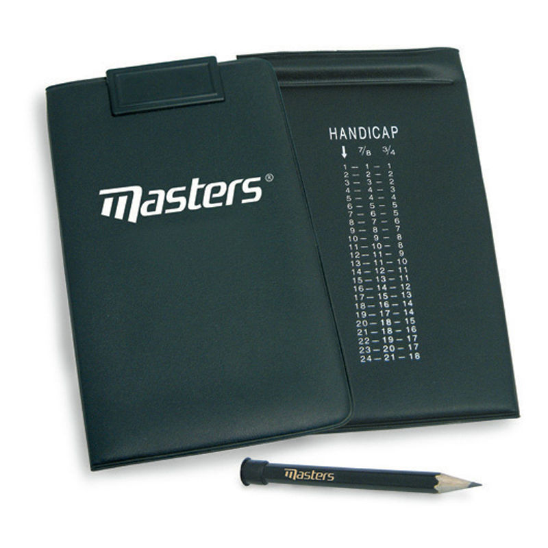 A black golf scorecard holder is open displaying a handicap chart while a black pencil lies beside it both branded with the word masters handicaps range from 1 to 36.