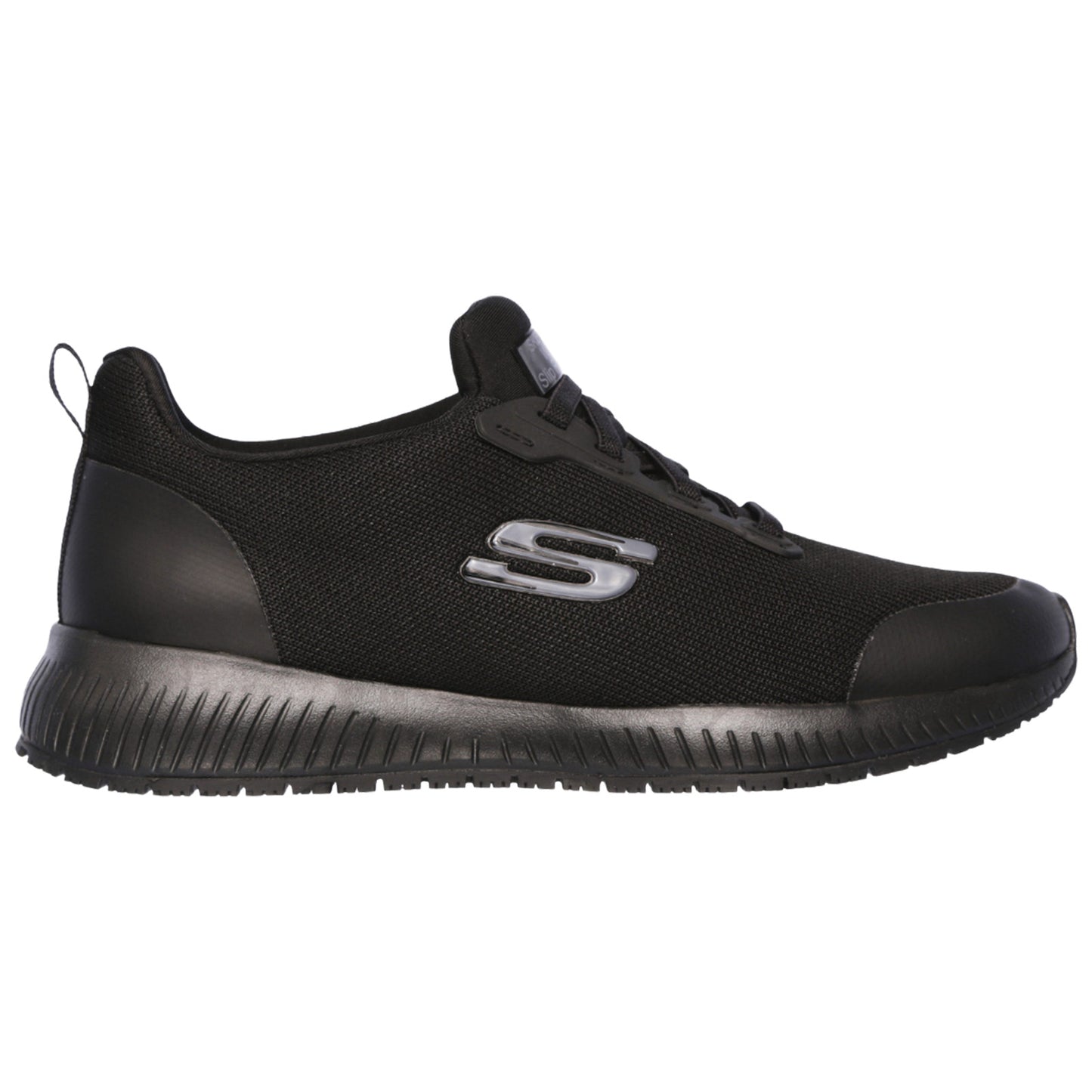 A black athletic shoe with a mesh upper and rubber sole is displayed. It features prominent branding on the side and is positioned against a neutral background.