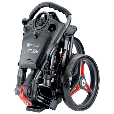 A compact black and red stroller is folded for storage featuring a distinct handle and wheels showcasing a modern sleek design suitable for navigating various environments.