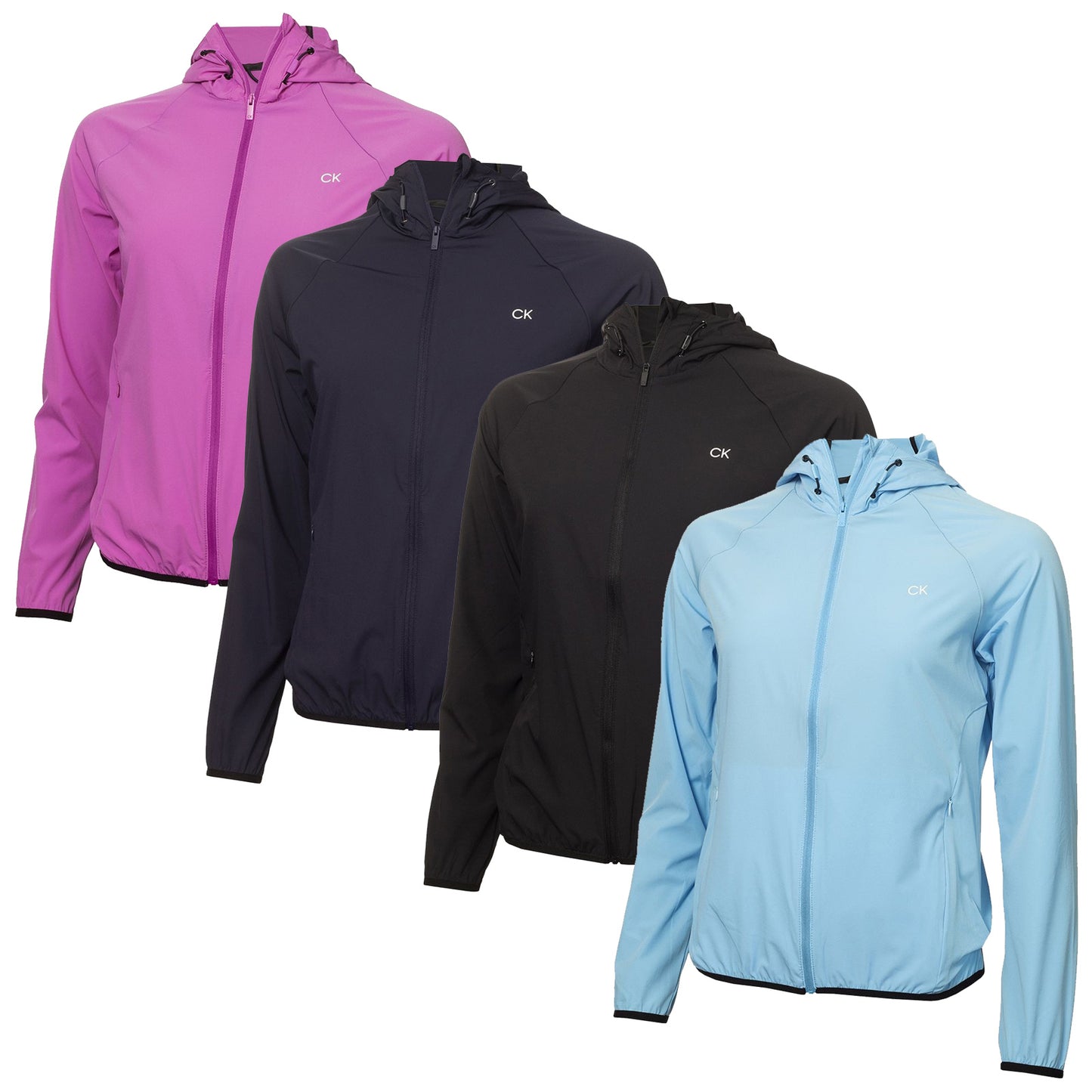 A series of four lightweight hooded jackets in different colors—pink, dark blue, black, and light blue—are displayed side by side against a neutral background showcasing their zippers and hoods.