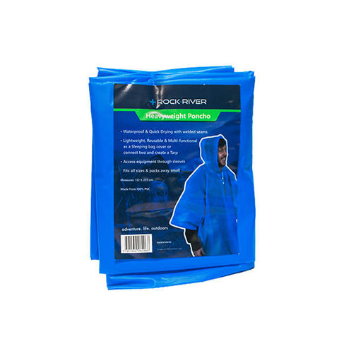A blue poncho is packaged, featuring a person wearing it. It is waterproof, lightweight, and multi-functional. The context suggests outdoor use, including camping or hiking activities. Text includes product features and measurements.