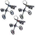 Motocaddy Cube Golf Trolley Three golf push carts in various colors are arranged side by side showcasing their compact design and adjustable handles for maneuverability in a golf course environment