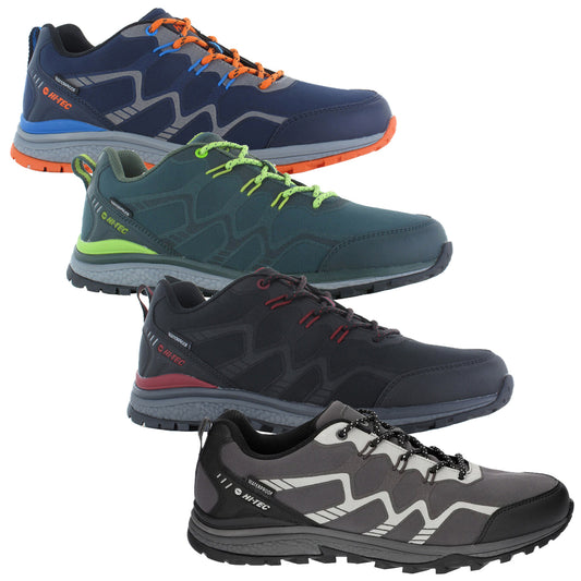 Hi-Tec Mens Stinger Waterproof Walking Shoes Four pairs of outdoor shoes are displayed in a stacked arrangement. Each pair features different colors and designs, highlighting their suitability for various activities in outdoor environments.