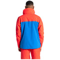 A multi-colored jacket features a bright red hood and upper section with a blue lower section and includes a front pocket designed for outdoor activities in casual settings.