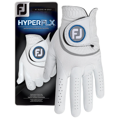 FootJoy Mens Left Hand HyperFLX Golf Glove A stylish white golf glove is displayed on a black card featuring text about its performance comfort and flexibility in a golf context. The glove is designed for superior grip and breathability.