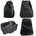 Big Max Golf Trolley Travel Covers Four black bags are displayed with various shapes and sizes. They hold and protect gear, suitable for travel. Some are zipped while others are open, showing their contents.