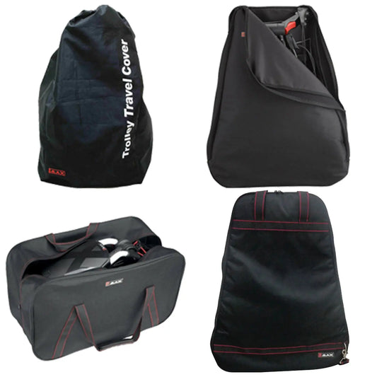 Big Max Golf Trolley Travel Covers Four black bags are displayed with various shapes and sizes. They hold and protect gear, suitable for travel. Some are zipped while others are open, showing their contents.