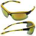 Sport sunglasses feature a sleek design with a black and yellow frame and green-tinted lenses ideal for outdoor activities providing protection from sunlight in an active environment.