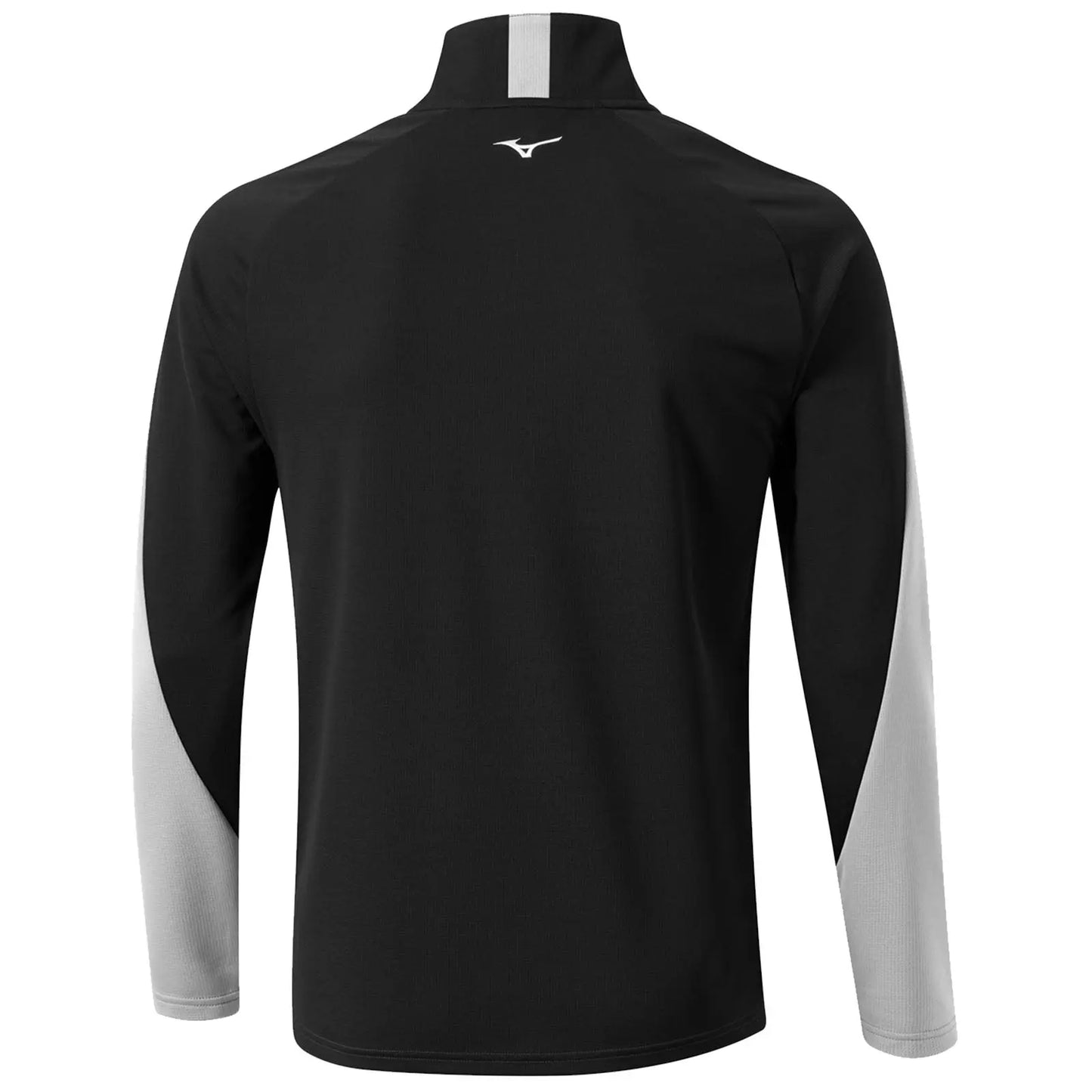 A black long-sleeve sports jacket with gray sleeves sits flat against a neutral background showcasing its collar and contrasting color sections designed for athletic wear.