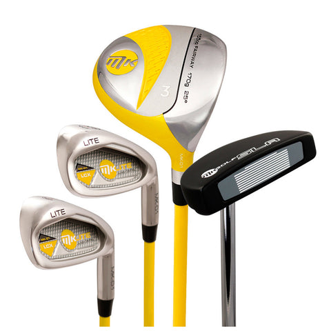 A set of golf clubs is displayed including a yellow and silver fairway wood an iron set with two clubs and a black putter showcasing distinct designs and colors against a plain background
