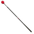 A long black pole with a red rubber ball at one end and a white end at the other extends vertically with a textured grip in the middle indicating it is a tool for balance or support.