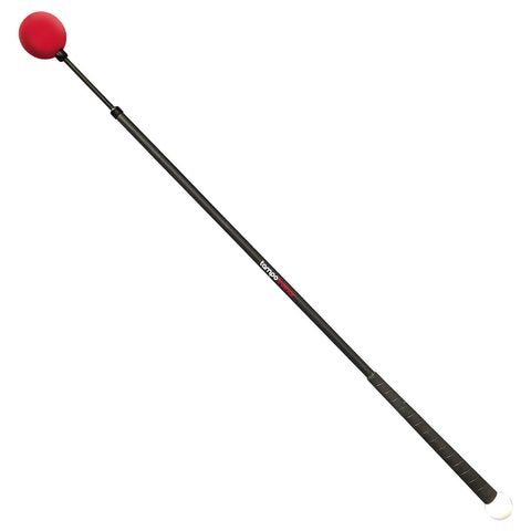 A long black pole with a red rubber ball at one end and a white end at the other extends vertically with a textured grip in the middle indicating it is a tool for balance or support.