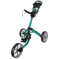 A pink golf push cart stands upright featuring three wheels and a handle for steering with a storage compartment at the top designed for carrying golf equipment in an outdoor setting.
