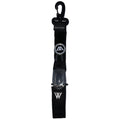 A black glove holder is positioned upright displaying a hook at the top and a transparent section for holding gloves securely in place suitable for outdoor or work environments.