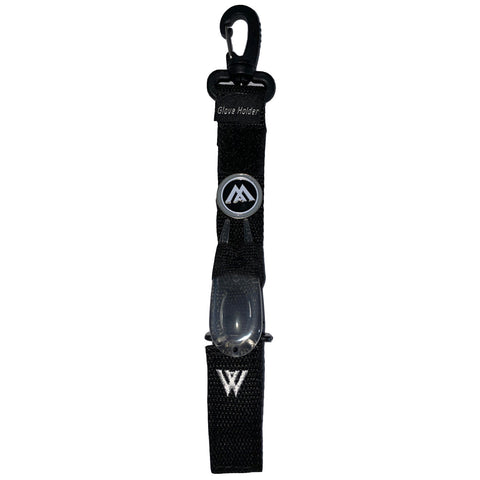 A black glove holder is positioned upright displaying a hook at the top and a transparent section for holding gloves securely in place suitable for outdoor or work environments.