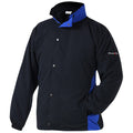 A black and blue jacket is displayed upright showcasing its front with a high collar and button closure while the sleeves are relaxed and the jacket has pockets on the side.