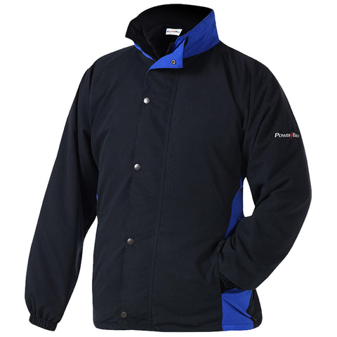 A black and blue jacket is displayed upright showcasing its front with a high collar and button closure while the sleeves are relaxed and the jacket has pockets on the side.